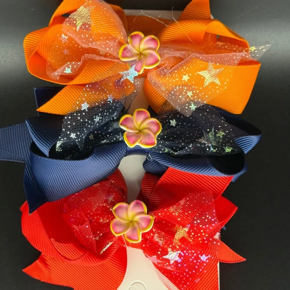 Girls 3 Pack Bows with Plumeria‎ Flower and Glitter Tulle Clips